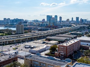 Ybor Historic District, Tampa, Florida, USA - 02-18-2025: Aerial image of the area around Ybor City, Cigar City, Tampa, Florida.