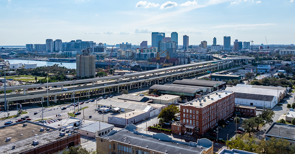 Ybor Historic District, Tampa, Florida, USA - 02-18-2025:  Aerial image of the area around Ybor City, Cigar City, Tampa, Florida.