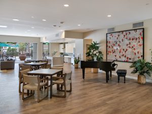 A photo of the community room at Thatcher Yard, Thomas Safran & Associates latest project in Southern California
