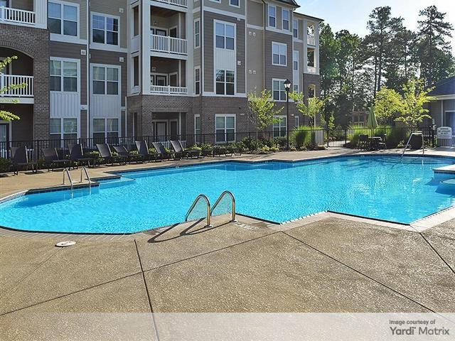 Exterior shot depicting one of Sterling Town Center's two swimming pools. The multifamily community is in Raleigh, N.C.