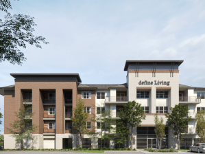 Low-rise apartment building with light brown and beige cladding and balconies, trees in front, Define Living sign on the right section
