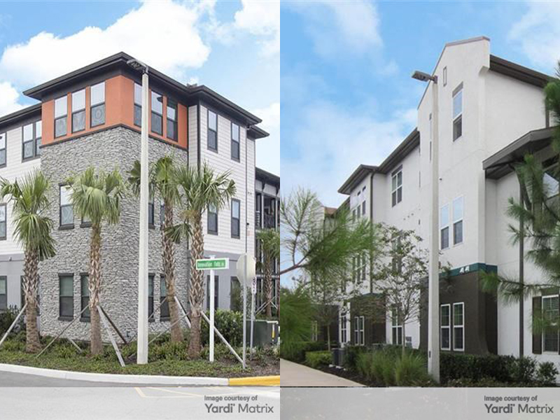 Exterior shots depicting two buildings, one within Eight at East and another inside Hudson at East. Both multifamily properties are in Orlando, Fla.