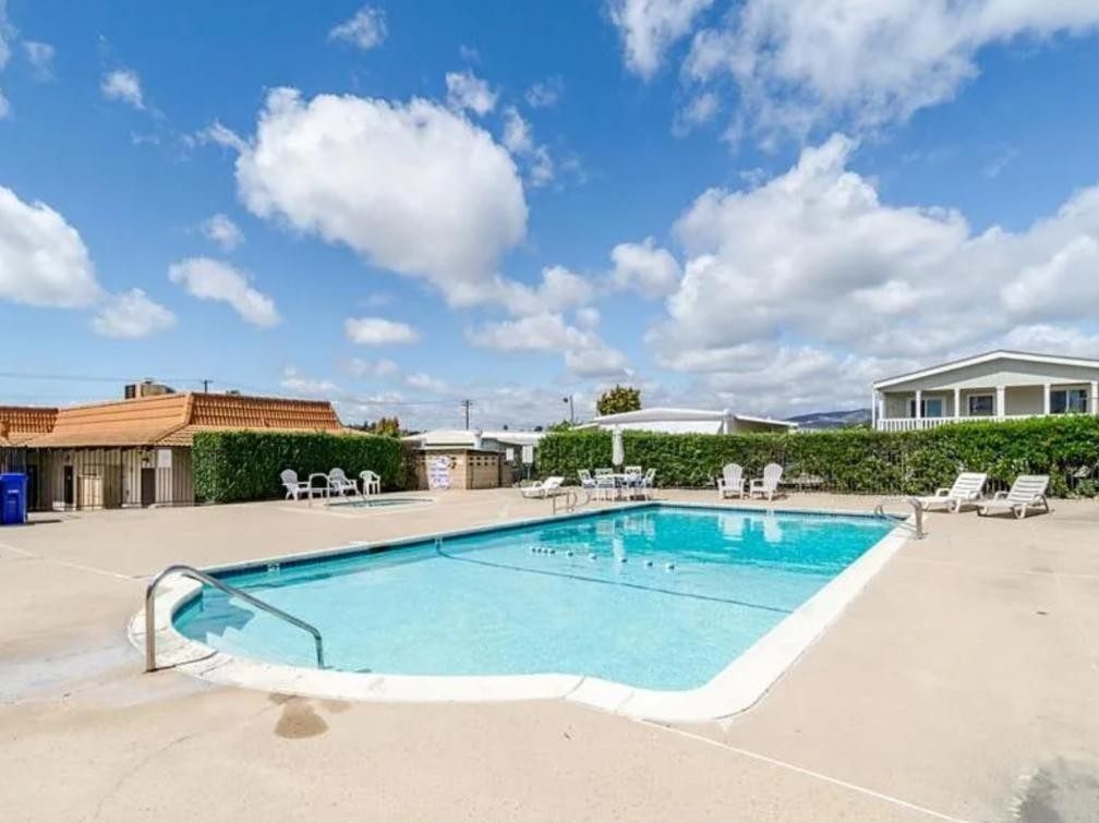 Exterior shot of the swimming pool at Grandview Terrace Mobile Estates, a mobile home community in Vista, Calif.