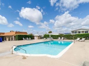 Exterior shot of the swimming pool at Grandview Terrace Mobile Estates, a mobile home community in Vista, Calif.