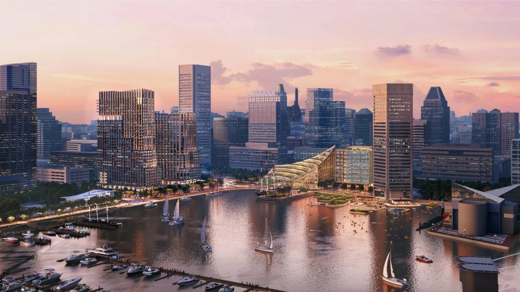 A rendering of the Harborplace redevelopment, featuring four new buildings.
