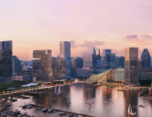 A rendering of the Harborplace redevelopment, featuring four new buildings.