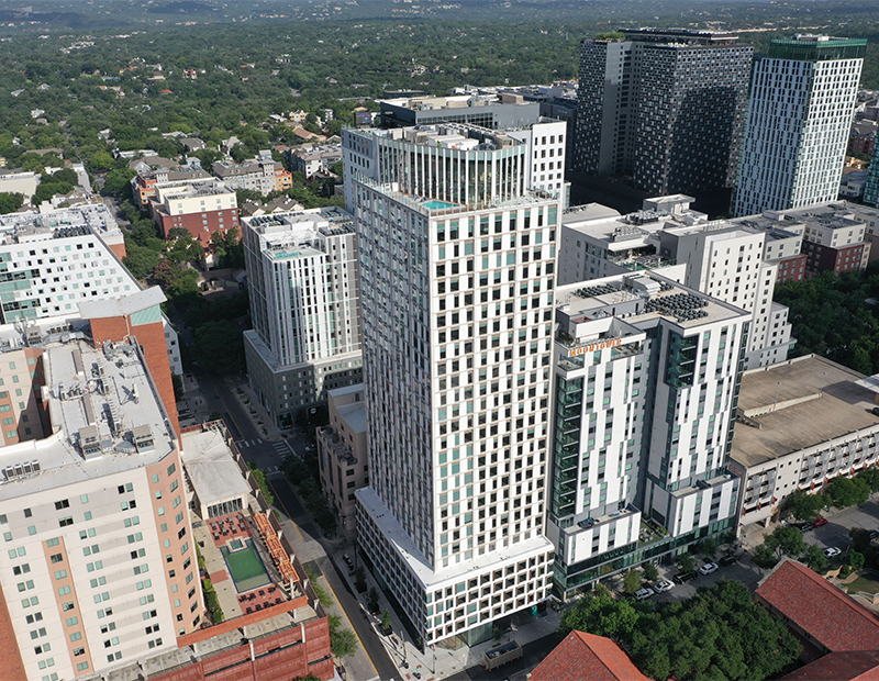 Aerial photo of Icon in West Campus Texas near the University of Texas at Austin