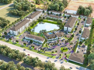 Aerial rendering depicting Royal Palms Main Street, a Jacksonville, Fla., project blending multifamily and build-to-rent elements developed by Ceiba Groupe.
