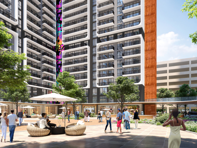 Exterior rendering of The HueHub's amenity package. The Live Local Act multifamily community will encompass some 4,000 units in Metro Miami.