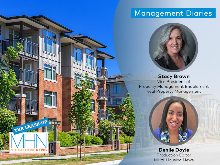 Headshots of Stacy Brown and Denile Doyle in front of a midrise apartment building