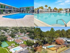 Four photos arranged in a square, with the top two images displaying swimming pools at low-rise apartment buildings, and the lower two showing aerial views of apartment communities with multiple low-rise buildings, pools and other recreational facilities