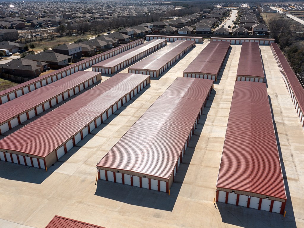 Aerial shot of self storage unit rows. 