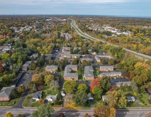 An overhead view of Country Manor Apartments, a garden-style apartment community.