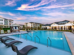 Exterior shot of the amenity package of a Greystar-managed multifamily property in Smyrna, Tenn., dubbed Elan Smyrna.