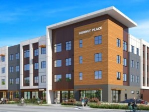 Exterior rendering of Hornet Place, a student housing project in Sacramento, Calif.