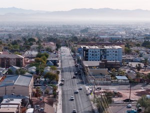 Downtown Las Vegas, Nevada. FAA Authorization was obtained for this flight in restricted airspace.