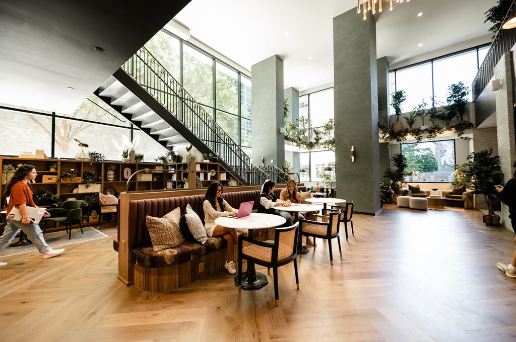 The lobby’s open concept allows guests and community members to network and lounge in a unique way