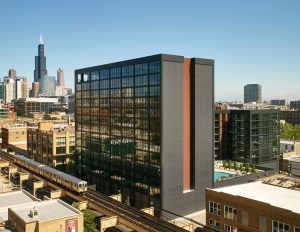 A photo of The Mason, a 14-story multifamily building in Chicago.