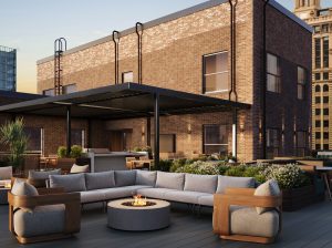 A rendering of the rooftop terrace at the future Wacker Place, an office-to-multifamily in Chicago