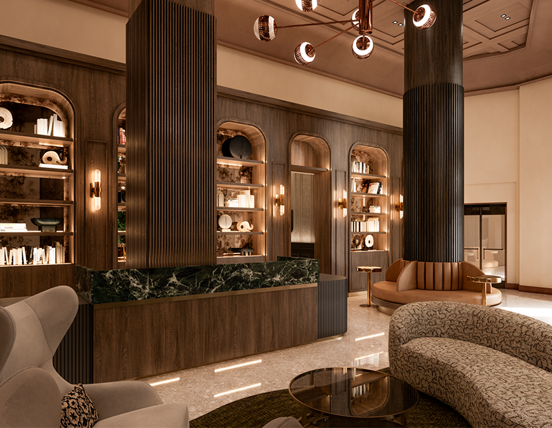 Rendering of the lobby at Tower Life Residences