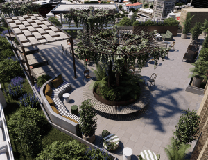 Rendering of rooftop garden at Tower Life Residences.