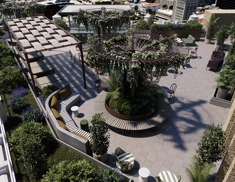 Rendering of rooftop garden at Tower Life Residences.