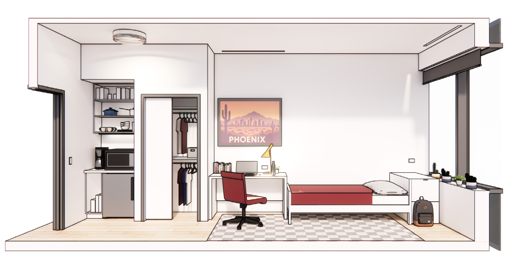 An interior rendering of a converted co-living unit at a Phoenix office property