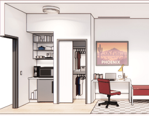An interior rendering of a converted co-living unit at a Phoenix office property