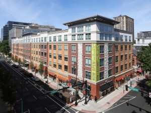 Exterior shot of College and Crown, a student housing community in New Haven, Conn.