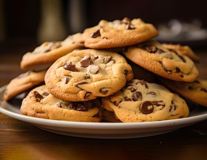Chocolate chip cookies on a plate.