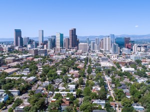 Aerial view of the Denver skyline in Denver, Colorado, United States