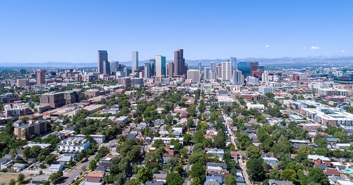 Aerial view of the Denver skyline in Denver, Colorado, United States