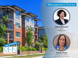 Headshots of Diane Batayeh and Denile Doyle with an image of a multifamily building in the background
