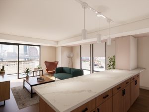 A rendering of a redeveloped unit interior at Mansion House in St. Louis, Missouri