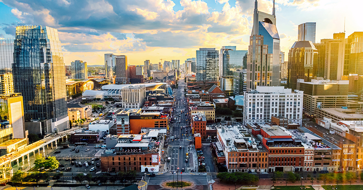 Aerial Perspective of Broadway, Downtown Nashville, Tennessee Skyline from the Cumberland River near the Stadium at Sunset