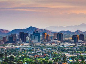 Phoenix, Arizona, USA downtown cityscape at dusk.