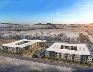 A rendering of the Waterton and The NRP Group’s upcoming two-building luxury development in Las Vegas.