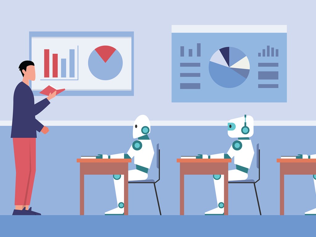 Teacher giving lecture to robots 2d vector illustration concept for banner, website, illustration, landing page, flyer