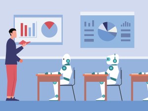 Teacher giving lecture to robots 2d vector illustration concept for banner, website, illustration, landing page, flyer