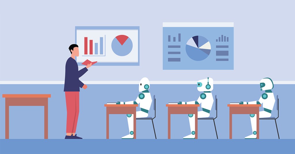 Teacher giving lecture to robots 2d vector illustration concept for banner, website, illustration, landing page, flyer