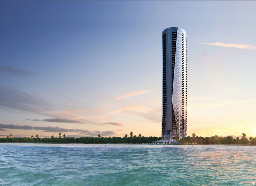 Exterior rendering of Bentley Residences, a 61-story condo tower in Sunny Isles Beach, Fla.