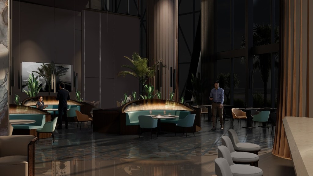 Interior rendering of one of the shared spaces at Bentley Residences, featuring a restaurant setting.