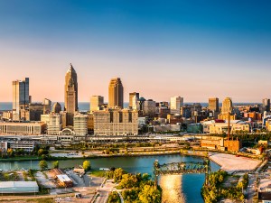 Panoramic view of Cleveland, Ohio skyline at sunset. Cleveland is a major city in the U.S. state of Ohio and the county seat of Cuyahoga County.
