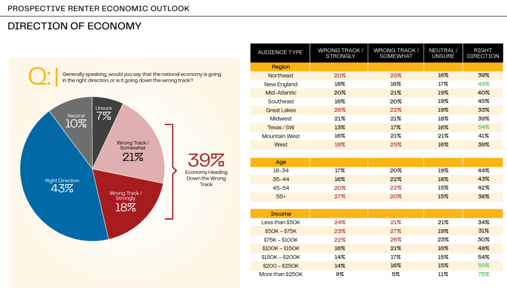 A chart of the survey respondents' perception of the economy, broken down by age, location and income bracket