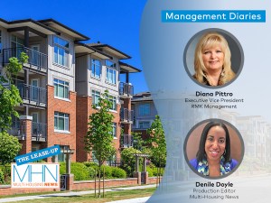 Headshots of Denile Doyle and Diana Pittro with an image of an apartment community in the background.