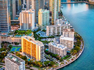 The beautiful skyline of Miami, Florida along the coast of Biscayne Bay shot via helicopter from an altitude of about 1500 feet.