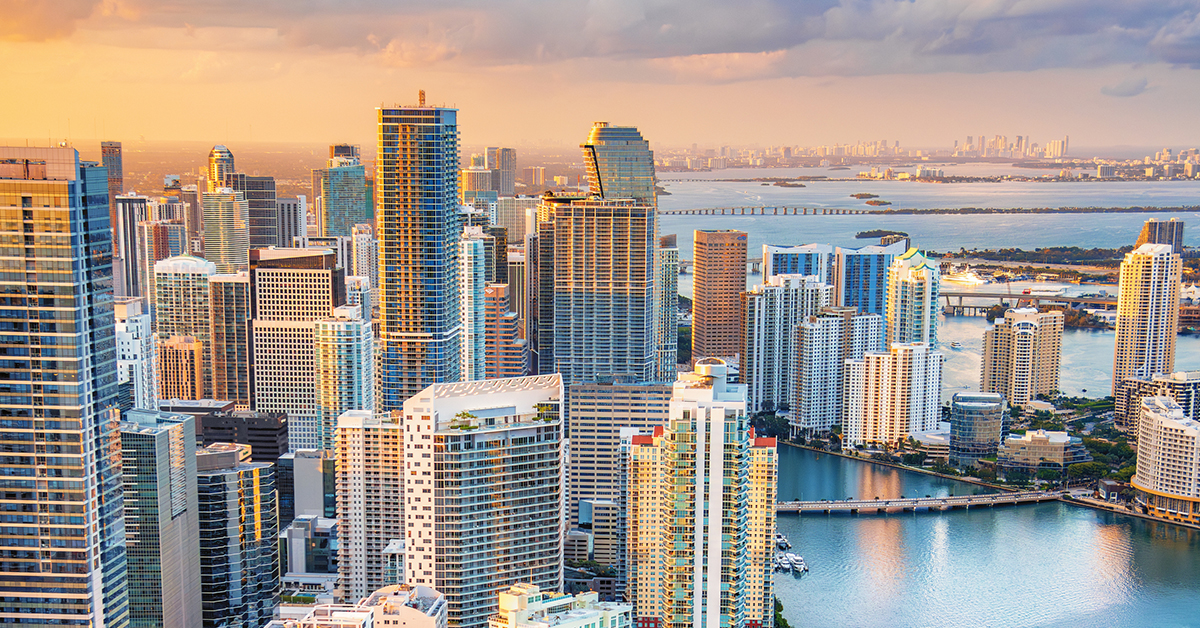 The beautiful skyline of Miami, Florida along the coast of Biscayne Bay shot via helicopter from an altitude of about 1500 feet.