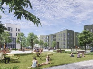 Rendering of the green spaces at Prescott Post, a future 360-unit market rate development in Portsmouth, N.H.