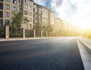 Apartment buildings next to a road