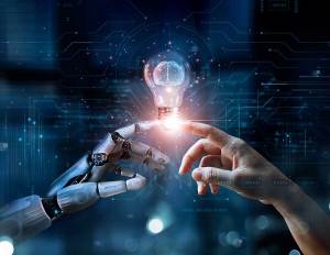 Human and robot toughing with a lightbulb in between